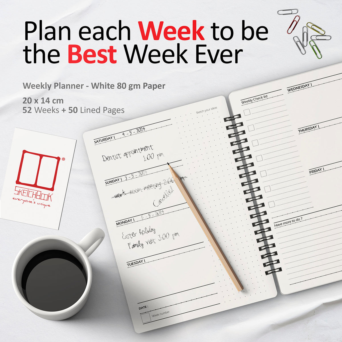 Weekly Planner Notebook | 20 X 14 cm | 52 Weeks + 50 Lined Pages | Pink