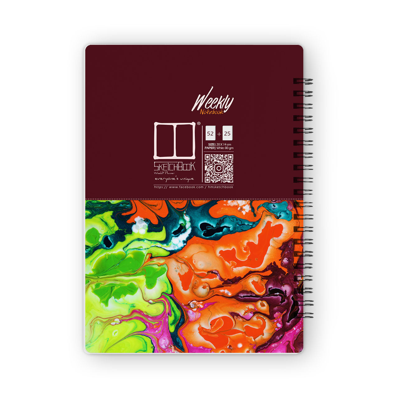 Weekly Planner Notebook  | 20 X 14 cm - (52 Weeks + 50 Lined Pages) - Marble (Red wine) - from SketchBook Stationery