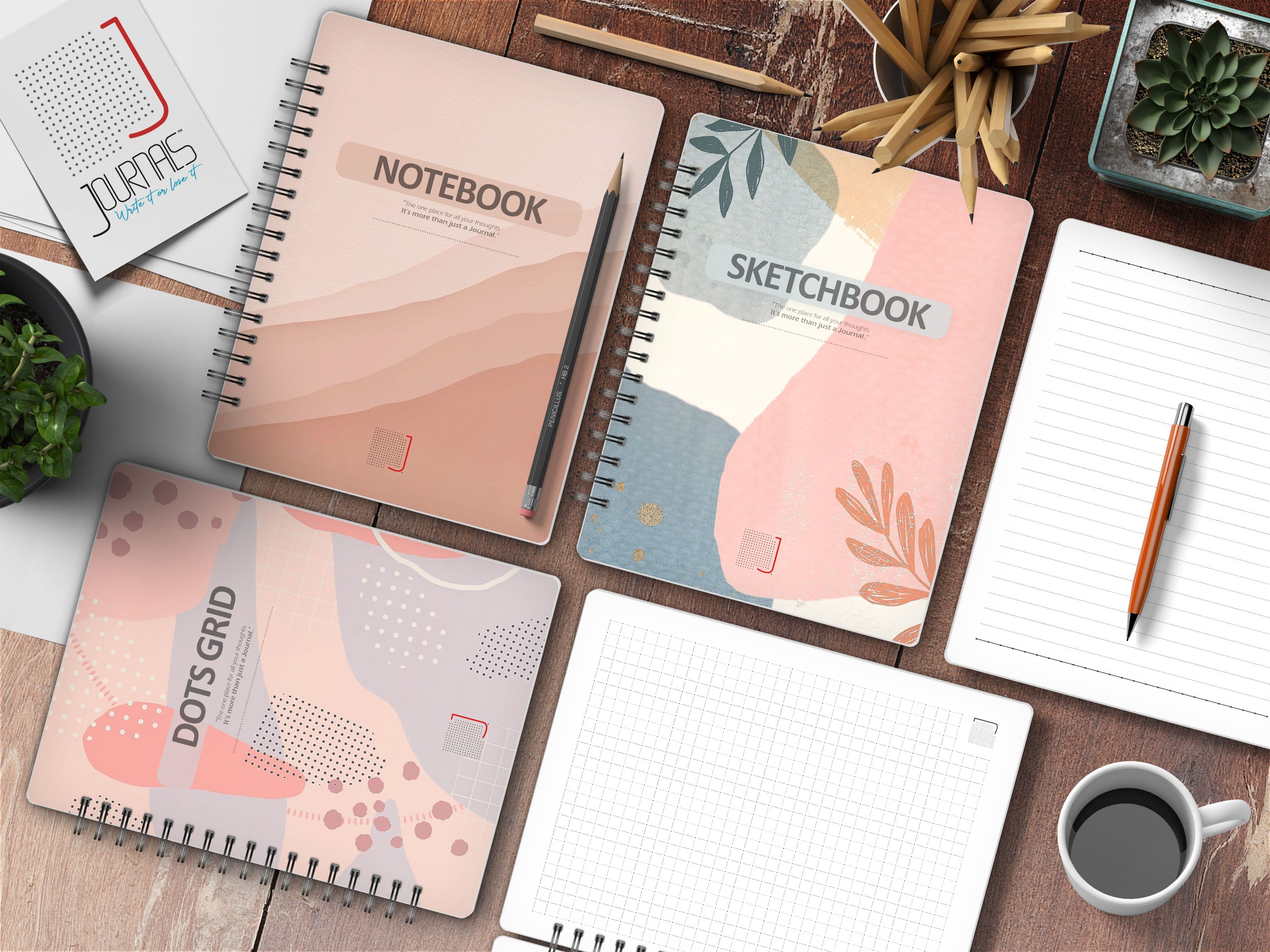 Pink Leaf Collection - Sketchbook - Notebook - Journal - Dots - Square - Hexa