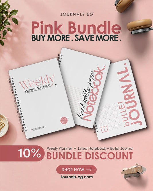 Pink notebook bundle featuring a weekly planner, lined notebook, and dotted bullet journal by Journals EG.