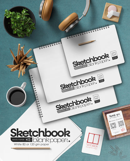 Blank sketchbook with white paper, available in 80 & 120 gsm options. Ideal for drawing, sketching, architecture & design.